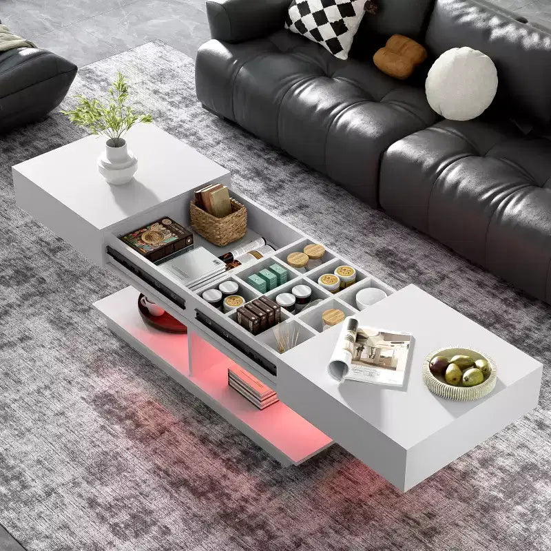 Adjustable Lift-Top Coffee Table with Hidden Storage and LED Lighting
