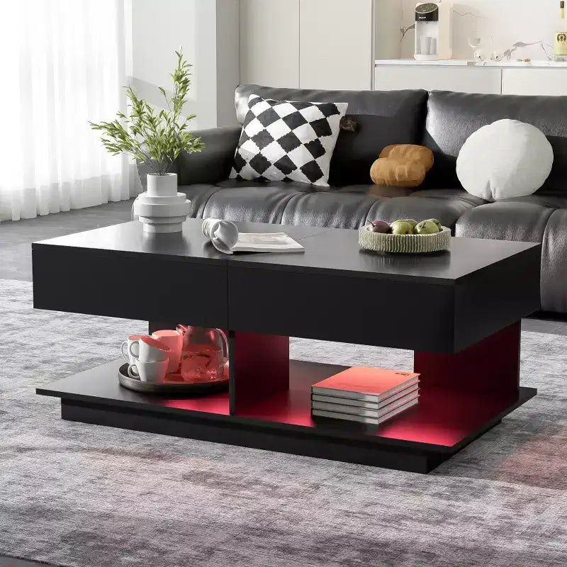 Adjustable Lift-Top Coffee Table with Hidden Storage and LED Lighting