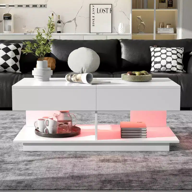 Adjustable Lift-Top Coffee Table with Hidden Storage and LED Lighting