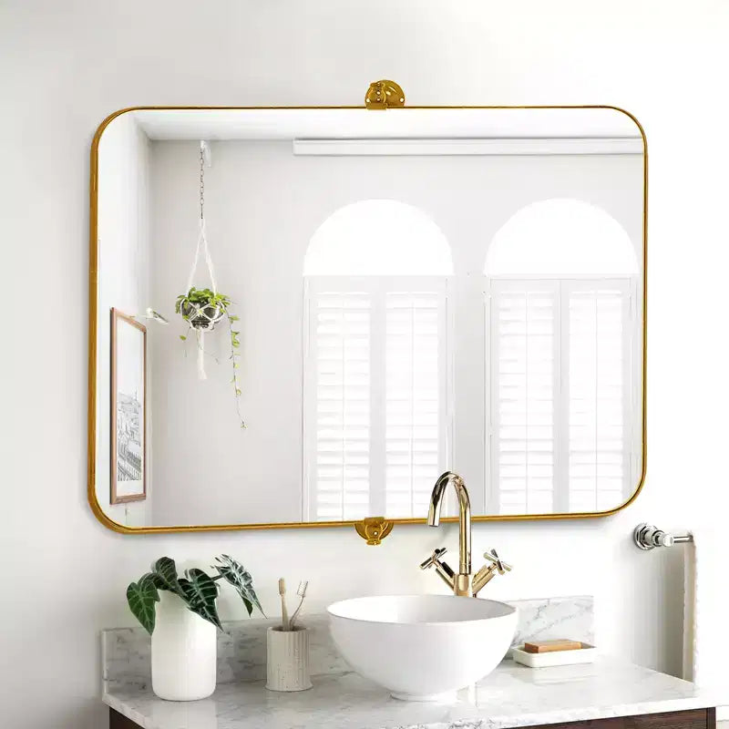 35.83x24.02in Wrought Iron Rounded Rectangle Gold Metal Hanging Mirror