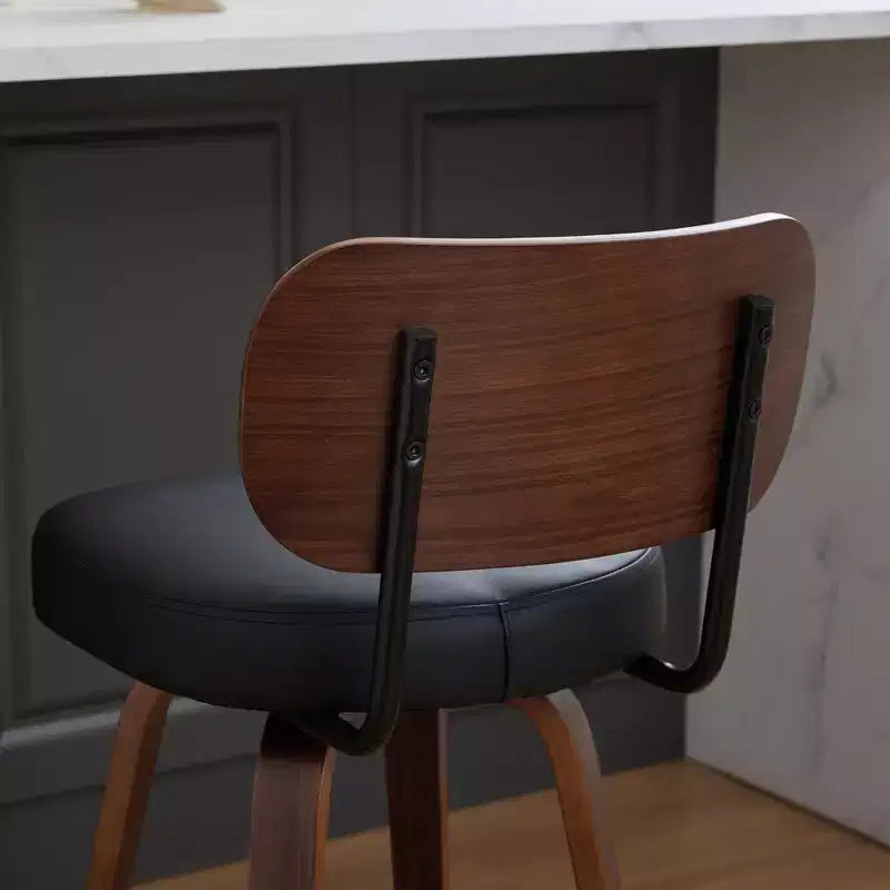 Swivel Bar Stools Set of 2, 26" Upholstered Faux Leather Counter Height Barstools with Walnut Back & Bentwood Legs