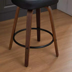 Swivel Bar Stools Set of 2, 26" Upholstered Faux Leather Counter Height Barstools with Walnut Back & Bentwood Legs