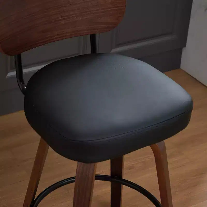 Swivel Bar Stools Set of 2, 26" Upholstered Faux Leather Counter Height Barstools with Walnut Back & Bentwood Legs