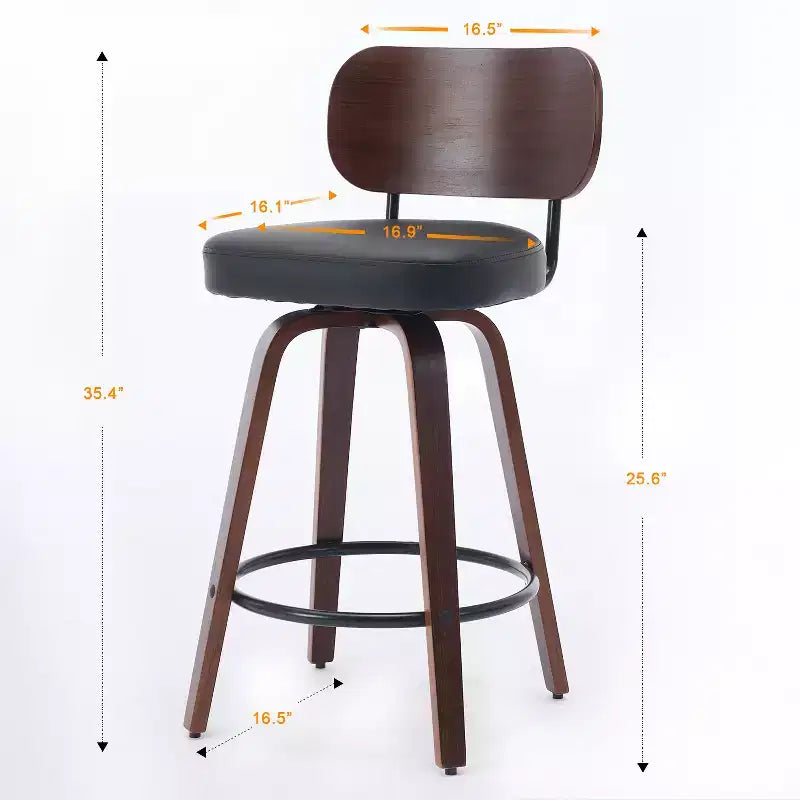 Swivel Bar Stools Set of 2, 26" Upholstered Faux Leather Counter Height Barstools with Walnut Back & Bentwood Legs