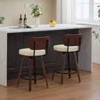 Swivel Bar Stools Set of 2, 26" Upholstered Faux Leather Counter Height Barstools with Walnut Back & Bentwood Legs