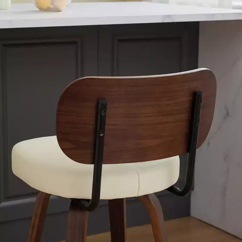 Swivel Bar Stools Set of 2, 26" Upholstered Faux Leather Counter Height Barstools with Walnut Back & Bentwood Legs