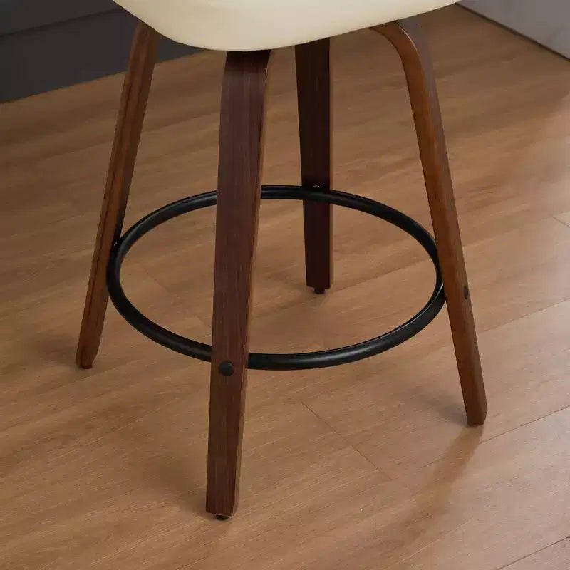Swivel Bar Stools Set of 2, 26" Upholstered Faux Leather Counter Height Barstools with Walnut Back & Bentwood Legs