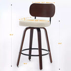 Swivel Bar Stools Set of 2, 26" Upholstered Faux Leather Counter Height Barstools with Walnut Back & Bentwood Legs