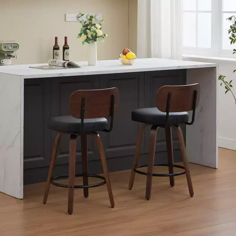 Swivel Bar Stools Set of 2, 26" Upholstered Faux Leather Counter Height Barstools with Walnut Back & Bentwood Legs