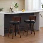 Swivel Bar Stools Set of 2, 26" Upholstered Faux Leather Counter Height Barstools with Walnut Back & Bentwood Legs