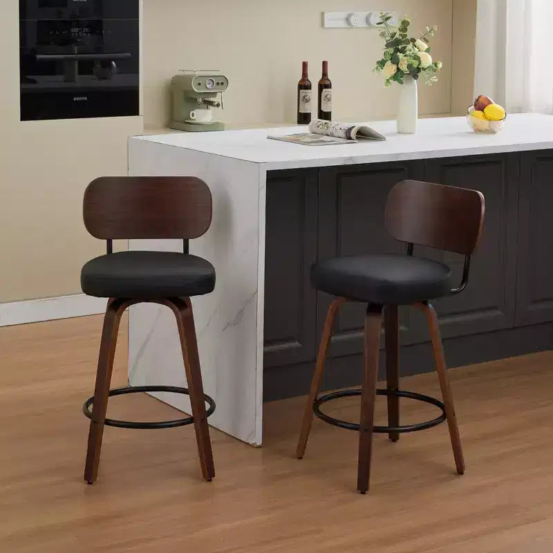 Swivel Bar Stools Set of 2, 26" Upholstered Faux Leather Counter Height Barstools with Walnut Back & Bentwood Legs