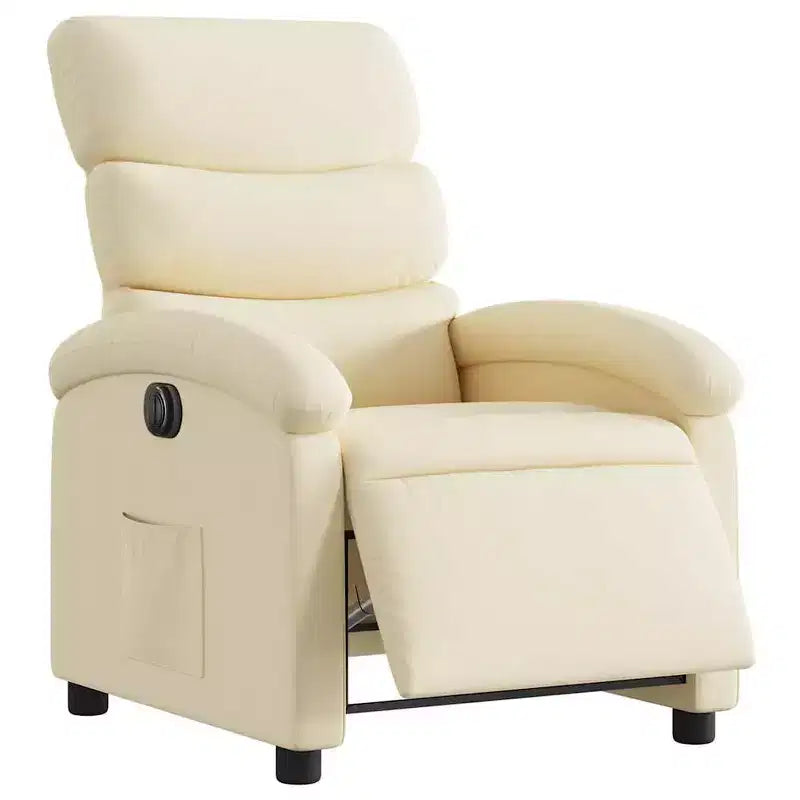 Electric Recliner Chair - Cream Fabric with Motorized Footrest and Side Pocket