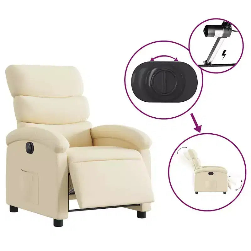 Electric Recliner Chair - Cream Fabric with Motorized Footrest and Side Pocket