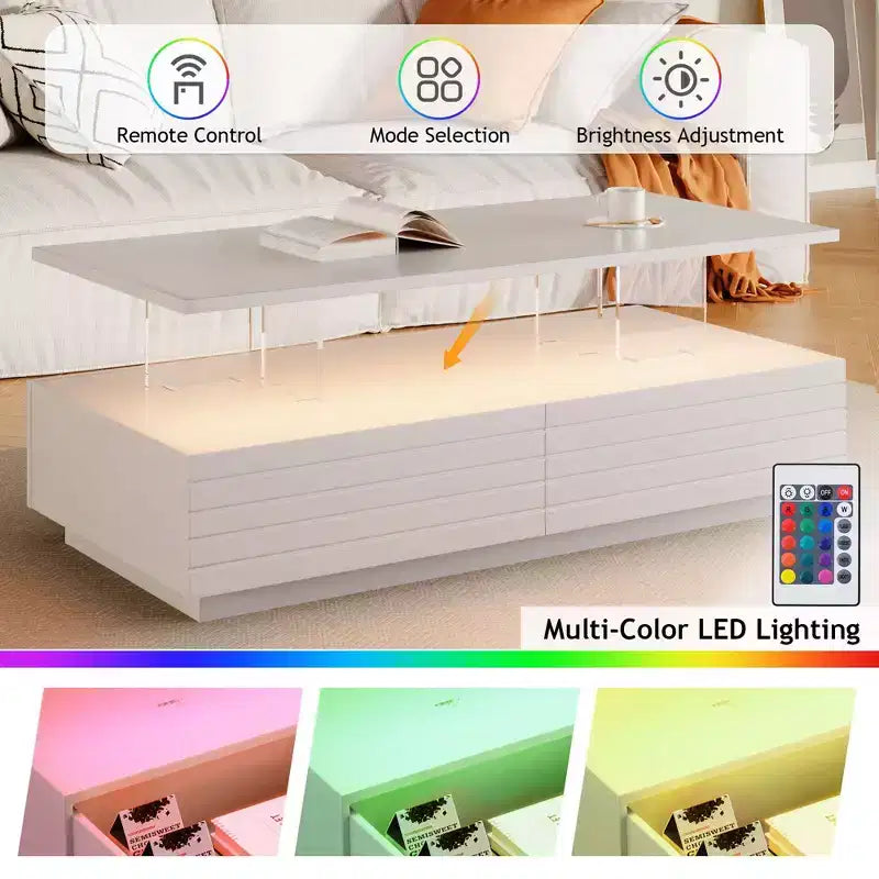 47.2" Rectangular LED Coffee Table with 2 Hidden Drawers and Touch Control