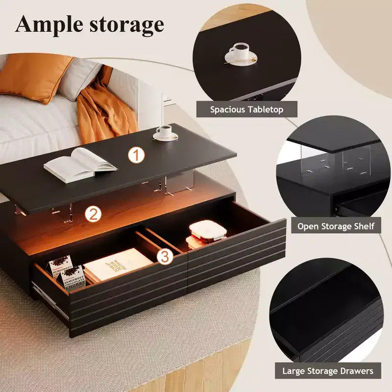 47.2" Rectangular LED Coffee Table with 2 Hidden Drawers and Touch Control