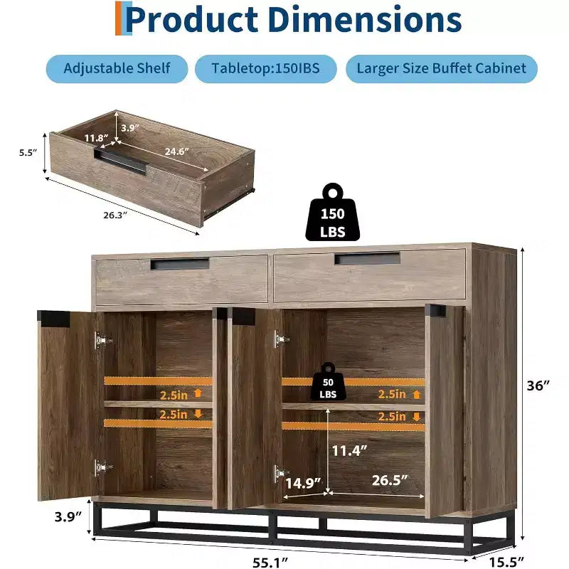 55 inch Sideboard Buffet Cabinet with 2 Drawers and 4 Doors