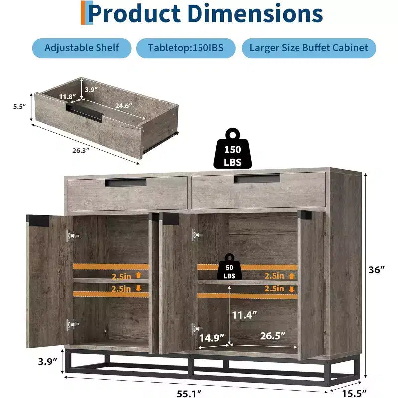 55 inch Sideboard Buffet Cabinet with 2 Drawers and 4 Doors