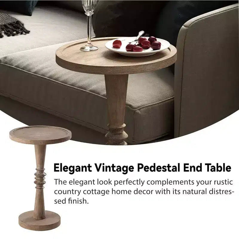 Round Pedestal Tray Top End Table – Farmhouse Style, Brown Wood