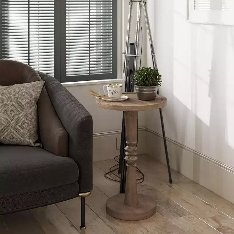 Round Pedestal Tray Top End Table – Farmhouse Style, Brown Wood