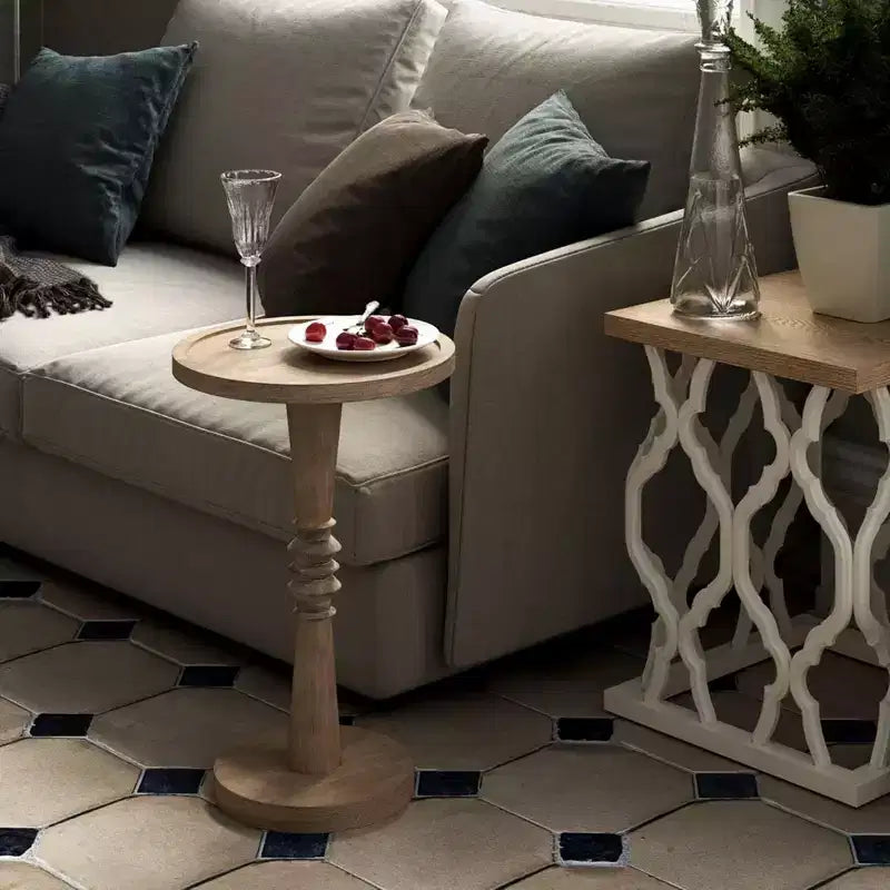 Round Pedestal Tray Top End Table – Farmhouse Style, Brown Wood