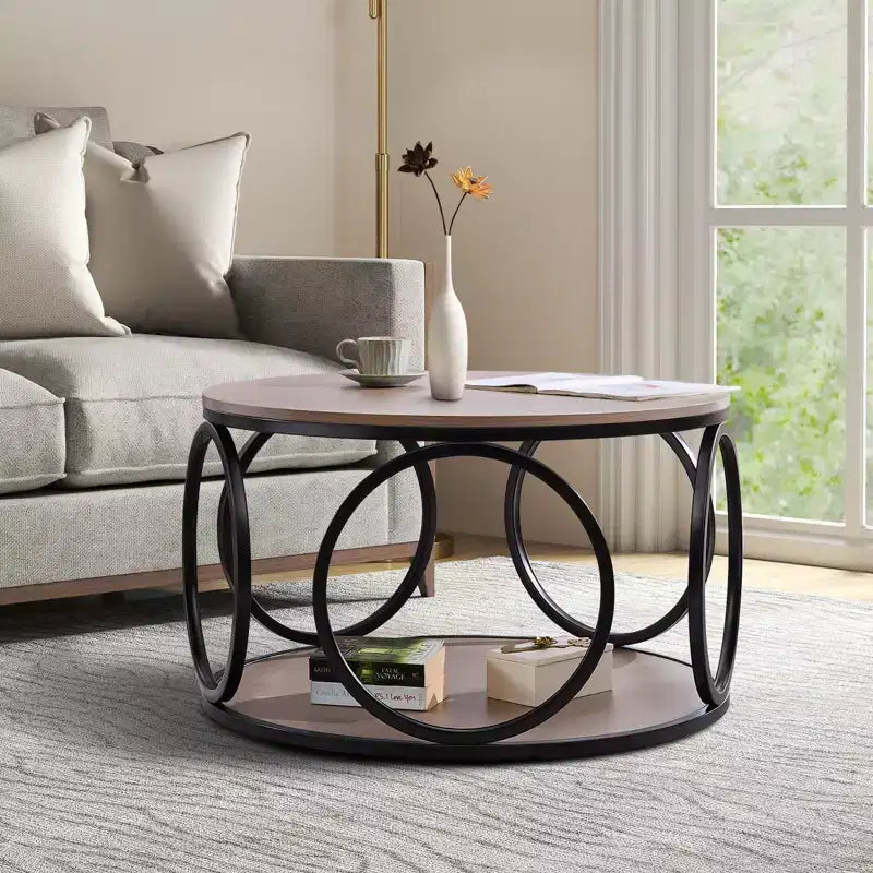 31.5" 2-Tier Industrial Round Coffee Table with Metal Frame and Open Shelf