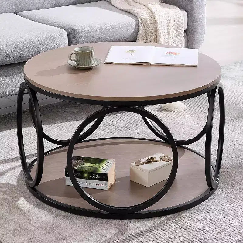 31.5" 2-Tier Industrial Round Coffee Table with Metal Frame and Open Shelf