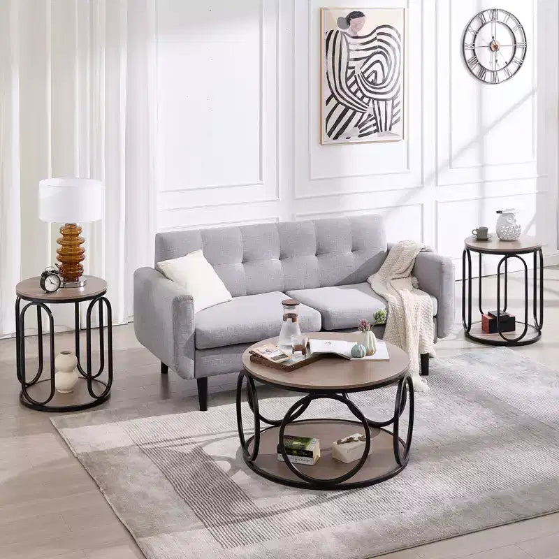 31.5" 2-Tier Industrial Round Coffee Table with Metal Frame and Open Shelf