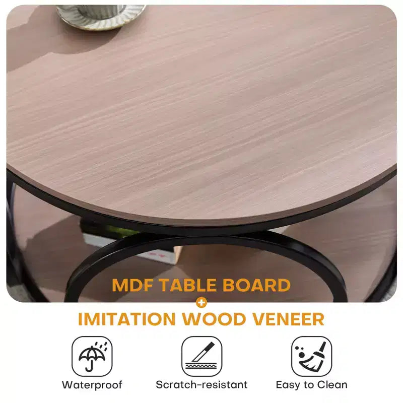 31.5" 2-Tier Industrial Round Coffee Table with Metal Frame and Open Shelf