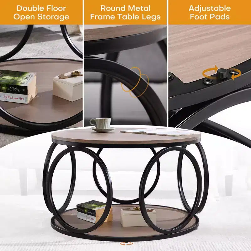 31.5" 2-Tier Industrial Round Coffee Table with Metal Frame and Open Shelf