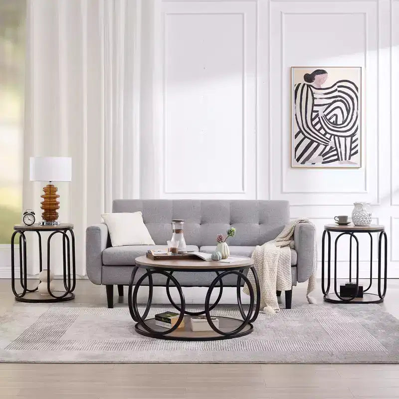31.5" 2-Tier Industrial Round Coffee Table with Metal Frame and Open Shelf
