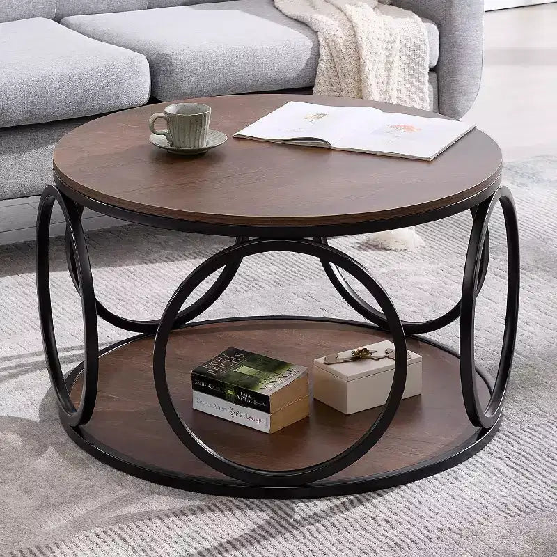 31.5" 2-Tier Industrial Round Coffee Table with Metal Frame and Open Shelf