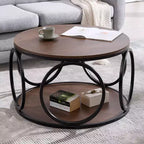 31.5" 2-Tier Industrial Round Coffee Table with Metal Frame and Open Shelf