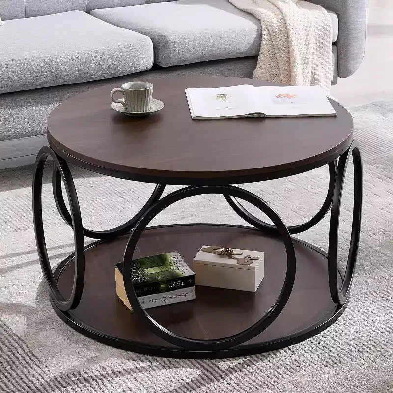 31.5" 2-Tier Industrial Round Coffee Table with Metal Frame and Open Shelf