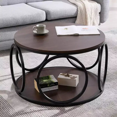 31.5" 2-Tier Industrial Round Coffee Table with Metal Frame and Open Shelf