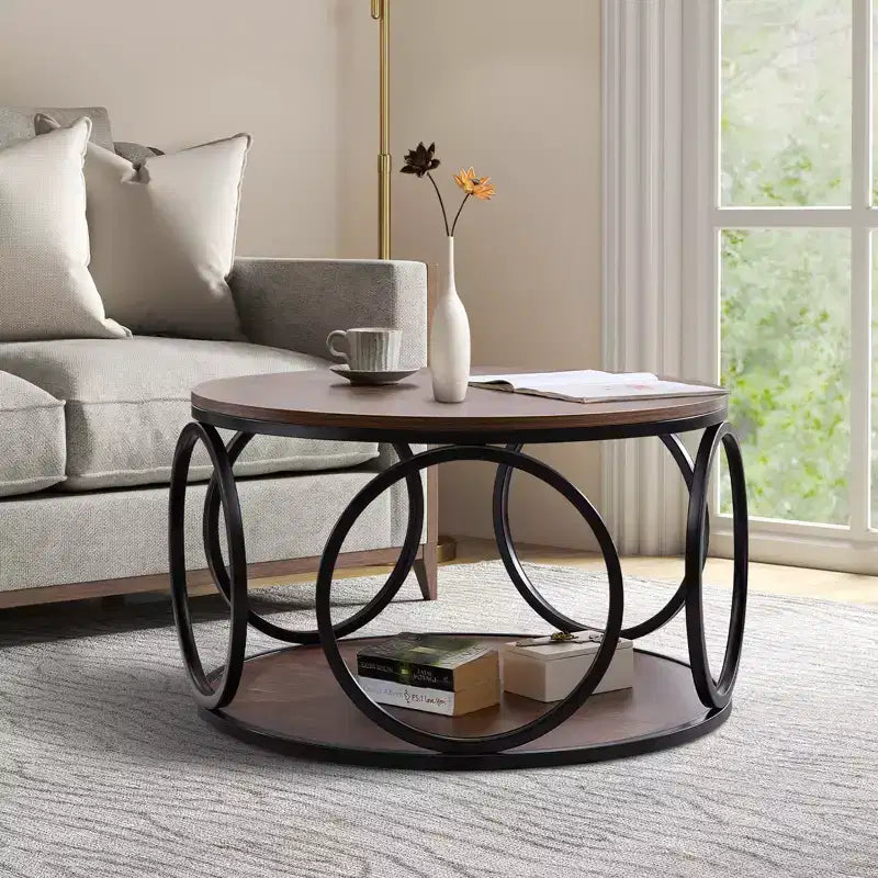 31.5" 2-Tier Industrial Round Coffee Table with Metal Frame and Open Shelf