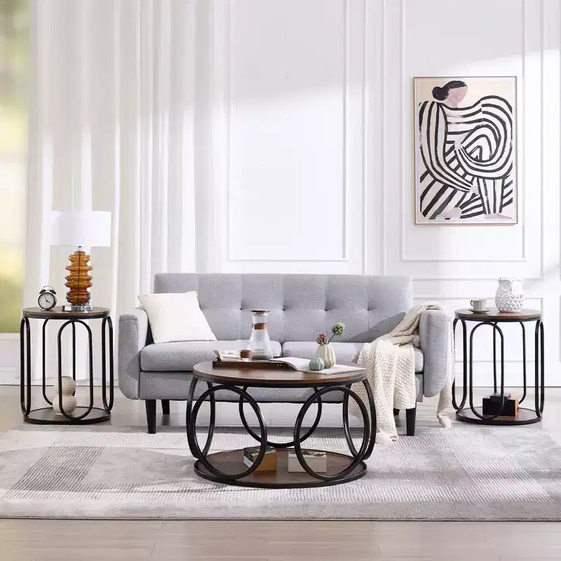 31.5" 2-Tier Industrial Round Coffee Table with Metal Frame and Open Shelf
