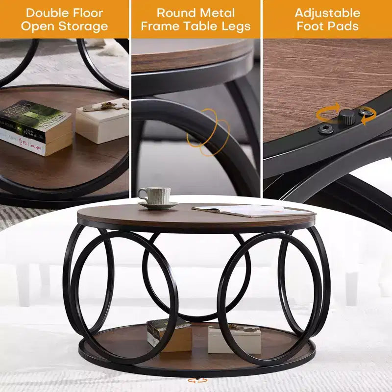 31.5" 2-Tier Industrial Round Coffee Table with Metal Frame and Open Shelf