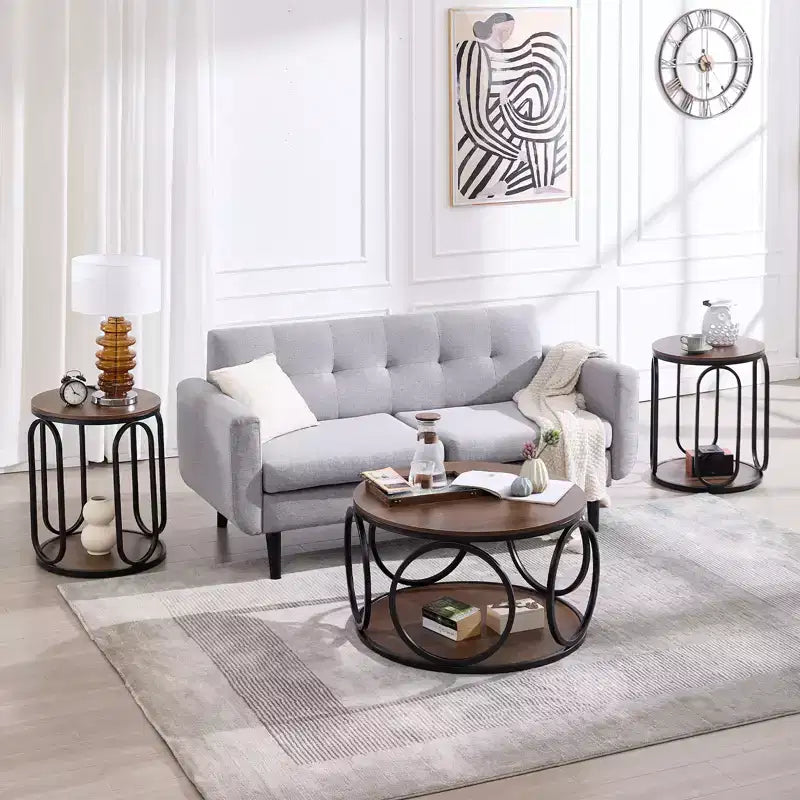 31.5" 2-Tier Industrial Round Coffee Table with Metal Frame and Open Shelf