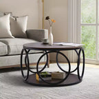 31.5" 2-Tier Industrial Round Coffee Table with Metal Frame and Open Shelf