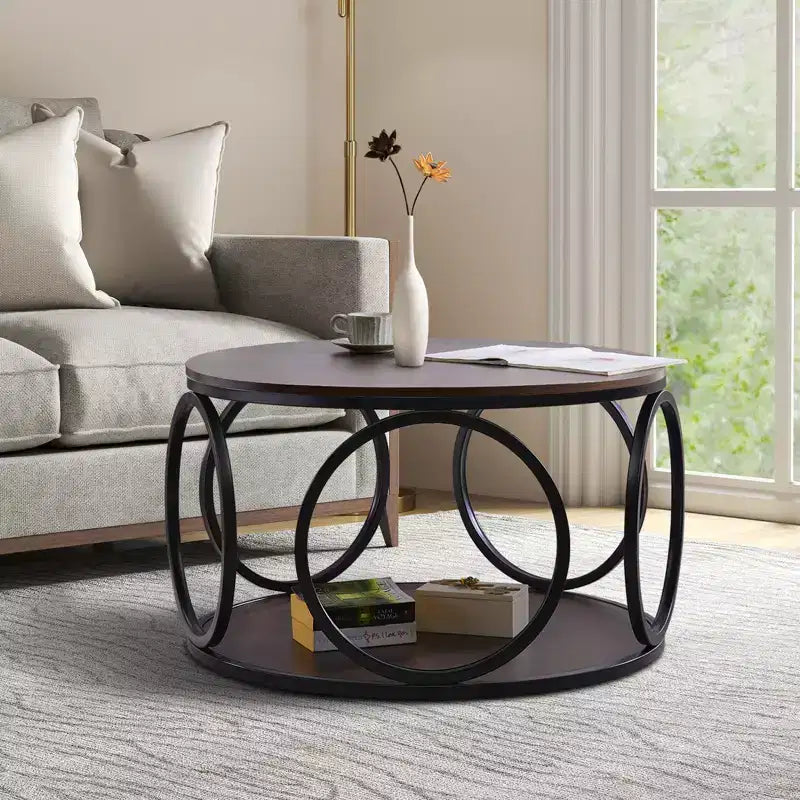 31.5" 2-Tier Industrial Round Coffee Table with Metal Frame and Open Shelf