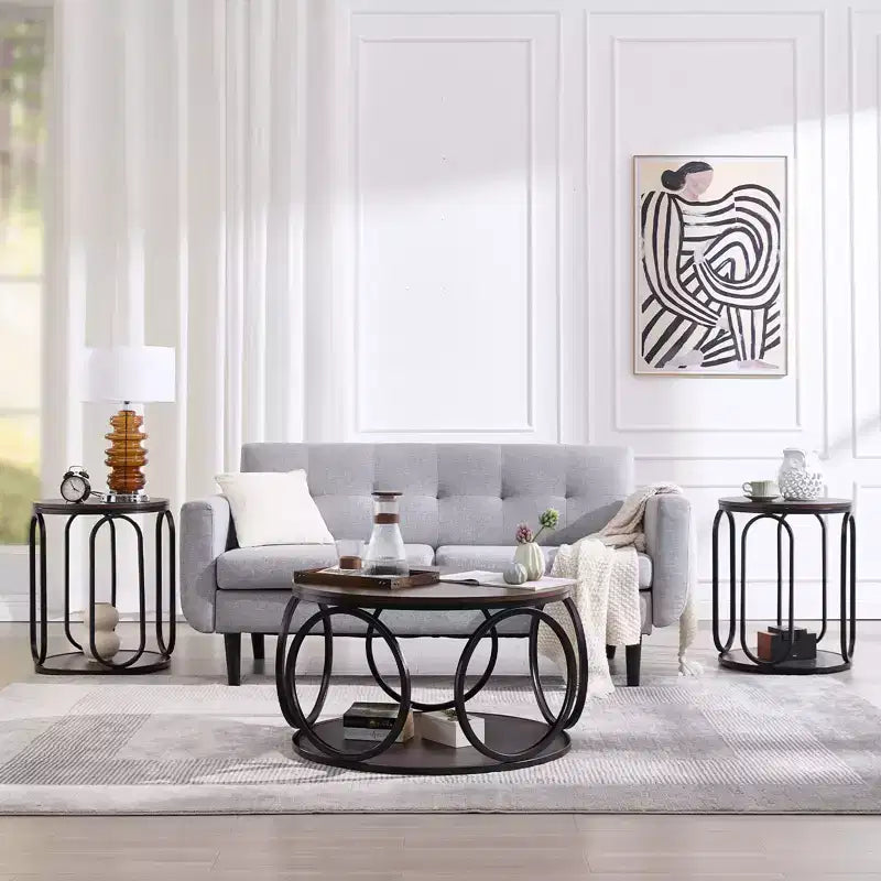 31.5" 2-Tier Industrial Round Coffee Table with Metal Frame and Open Shelf