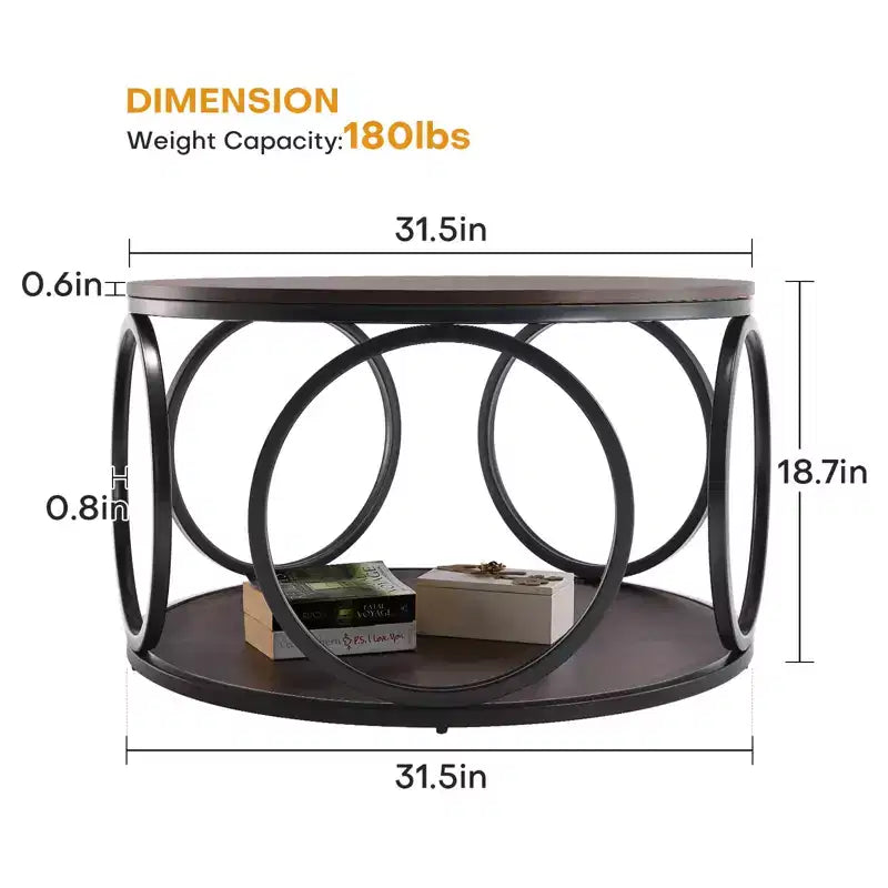 31.5" 2-Tier Industrial Round Coffee Table with Metal Frame and Open Shelf
