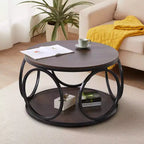 31.5" 2-Tier Industrial Round Coffee Table with Metal Frame and Open Shelf
