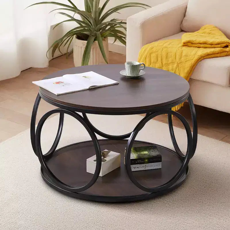31.5" 2-Tier Industrial Round Coffee Table with Metal Frame and Open Shelf