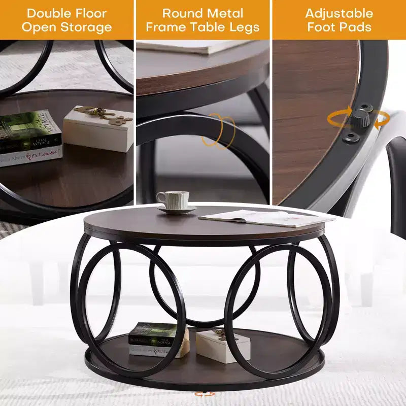 31.5" 2-Tier Industrial Round Coffee Table with Metal Frame and Open Shelf
