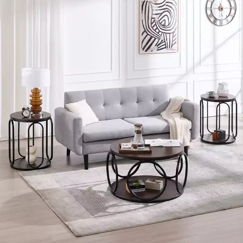 31.5" 2-Tier Industrial Round Coffee Table with Metal Frame and Open Shelf