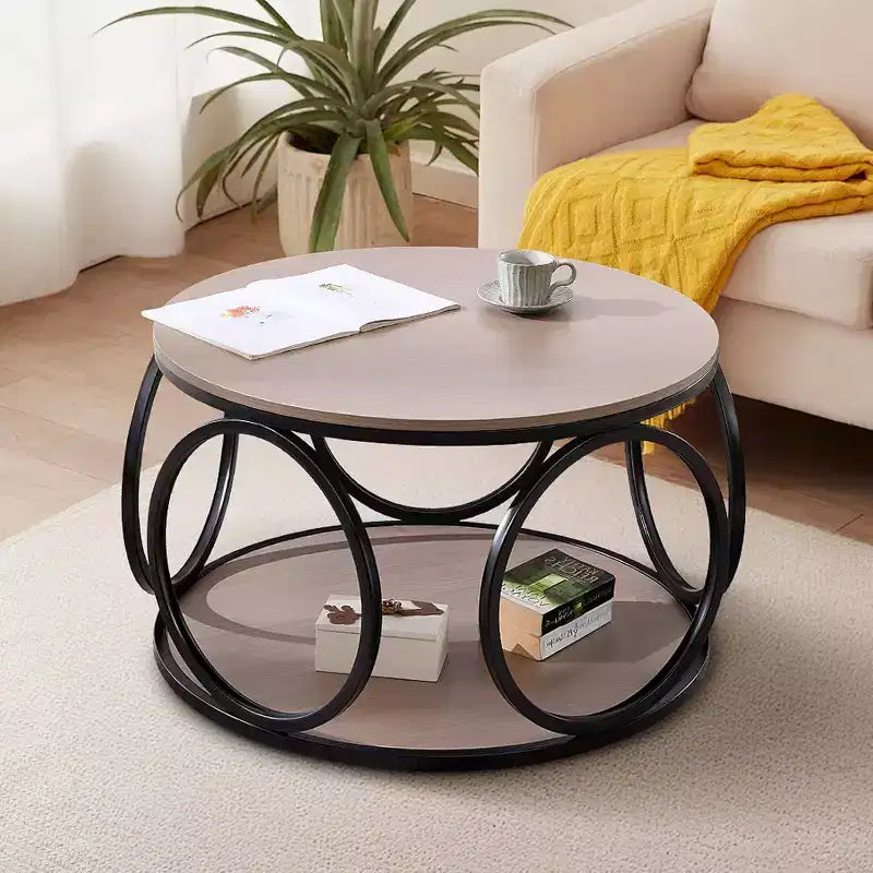 31.5" 2-Tier Industrial Round Coffee Table with Metal Frame and Open Shelf