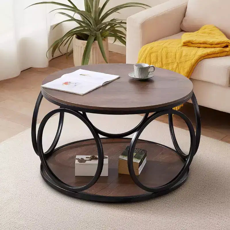 31.5" 2-Tier Industrial Round Coffee Table with Metal Frame and Open Shelf