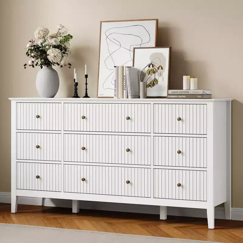 Fluted 9-Drawer Dresser, 59" Wide Chest of Drawers with Metal Handles, Storage Organizer for Bedroom, Living Room and Entryway, White