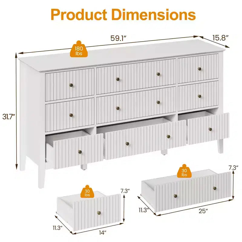 Fluted 9-Drawer Dresser, 59" Wide Chest of Drawers with Metal Handles, Storage Organizer for Bedroom, Living Room and Entryway, White